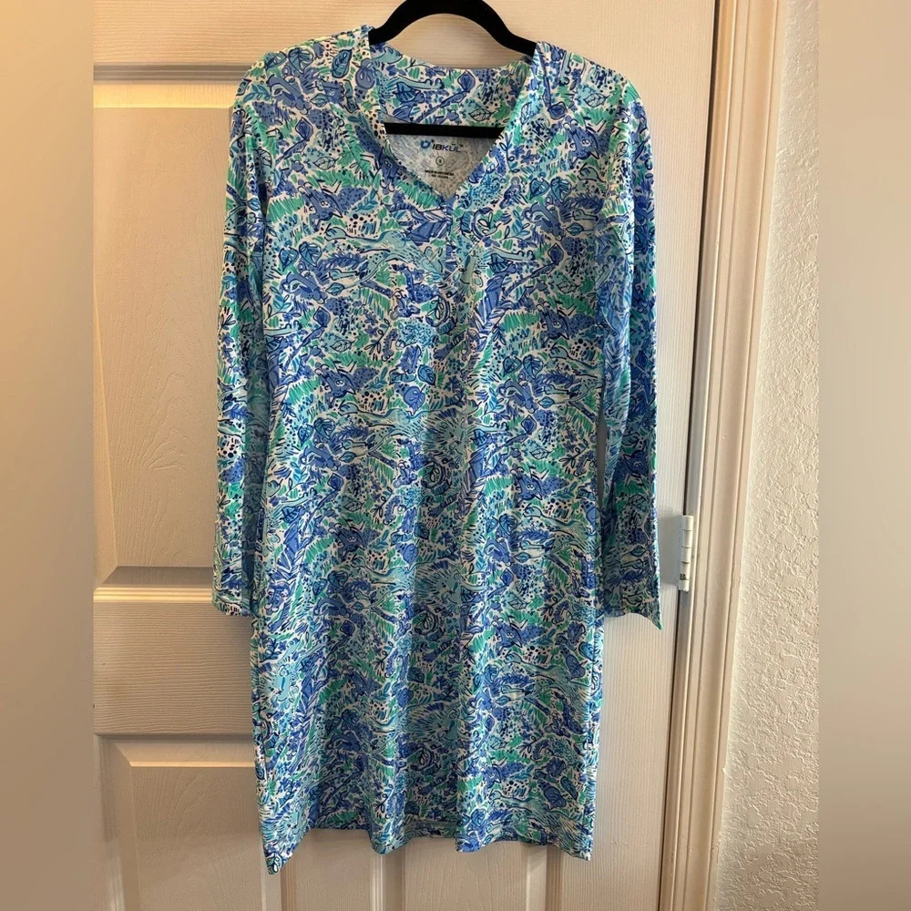 IBKUL VneckDress Long Sleeve Aqua Animal Print s